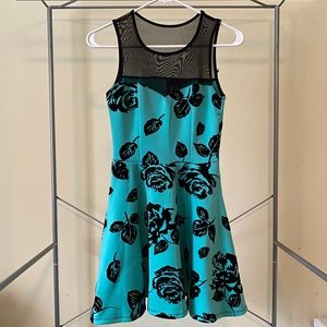 Teal and black flowered dress